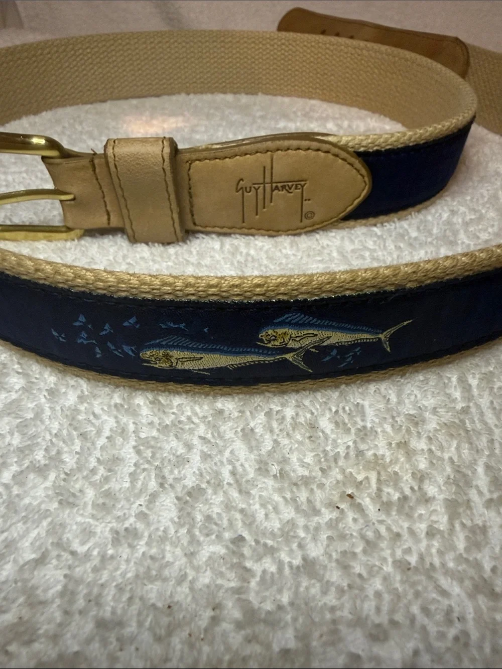 Guy Harvey Tan Leather and Navy Blue Embroidered Belt